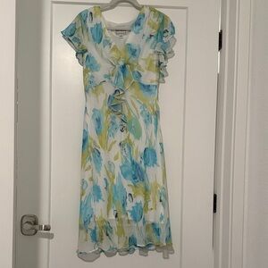 Karin Stevens blue green white vintage dress ruffle midi